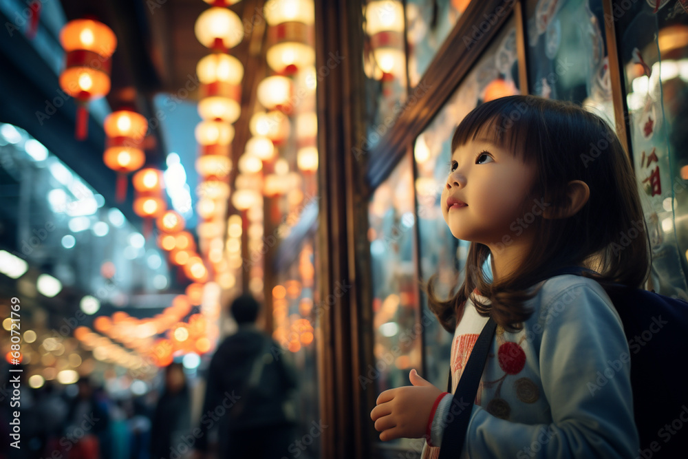 Obraz premium A little Taiwanese girl exploring the bustling streets of Taipei, absorbing the energy of the city and modern Taiwanese culture.