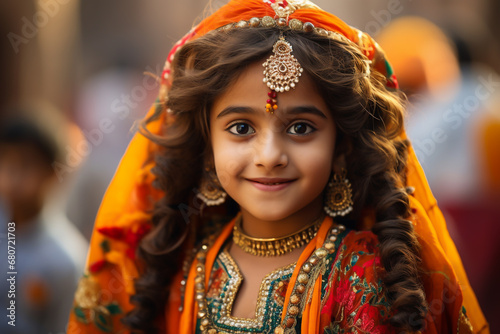 A little girl from the Sindhi community in South Asia, adorned in traditional festival attire, participating in a lively cultural celebration.