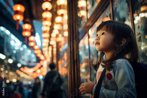 A little Taiwanese girl exploring the bustling streets of Taipei, absorbing the energy of the city and modern Taiwanese culture. photo