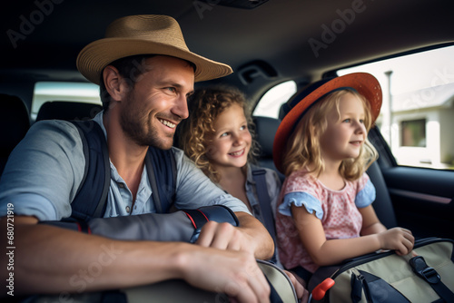 Family on a holiday road trip in car, concept of travel and tourism photo