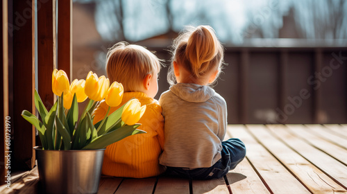First love, rear view, children sitting next to each other on a veranda decorated with tulips, a boy and a girl. First date. Children's friendship. Spring at the dacha photo