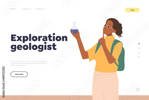 Exploration geologist landing page design template with smart woman researcher analyzing soil sample