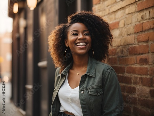 A photorealistic image of a confident, stylish African American millennial woman, laughing and proudly standing against an urban brick wall. 