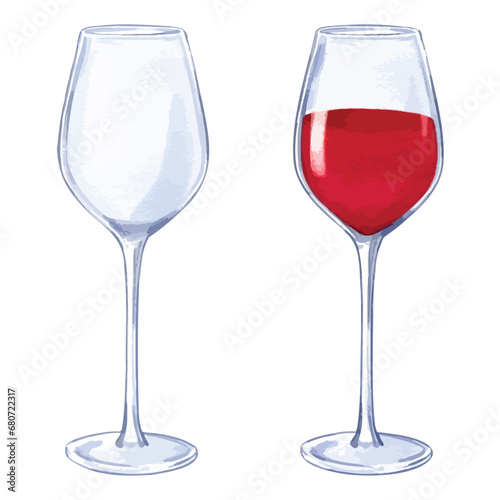 Watercolor Wine glasses one full of red wine and one empty isolated vector elements 