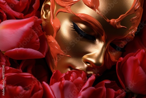 a liquid gold facial mask surrounded by red tulips, aerial view, dark pink and amber,  photo