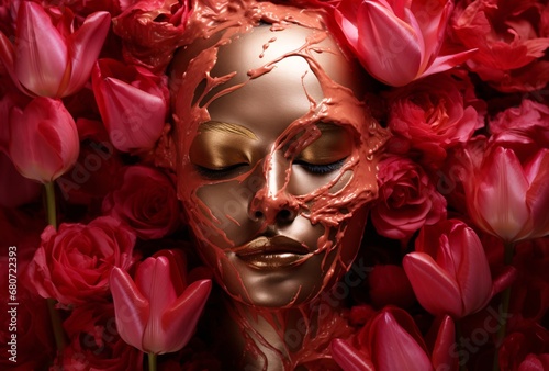 a liquid gold facial mask surrounded by red tulips, aerial view, dark pink and amber,  photo
