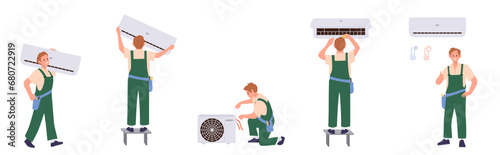 Conditioning service set with isolated professional technician workers repairing cooling system