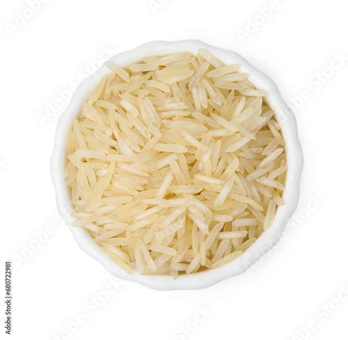 Raw rice in bowl isolated on white, top view