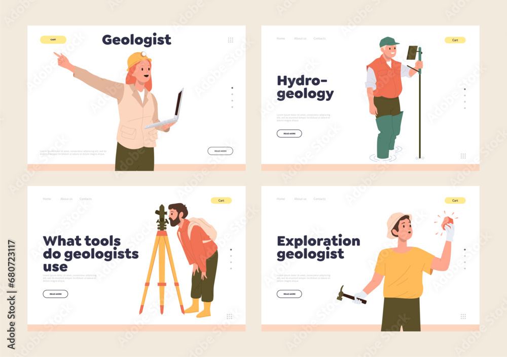 Geology and hydrogeology online service landing page design template with professional workers Geology and hydrogeology online service landing page design template with professional workers