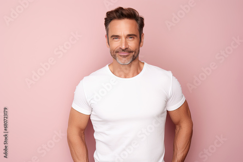 hombre español de cuarenta años con camiseta blanca sobre fondo rosa claro pastel © Helena GARCIA