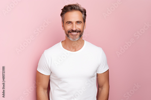 hombre español de cuarenta años con camiseta blanca sobre fondo rosa claro pastel photo