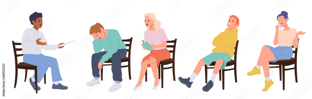 Group of different people at physiological therapy session with psychologist or psychotherapist