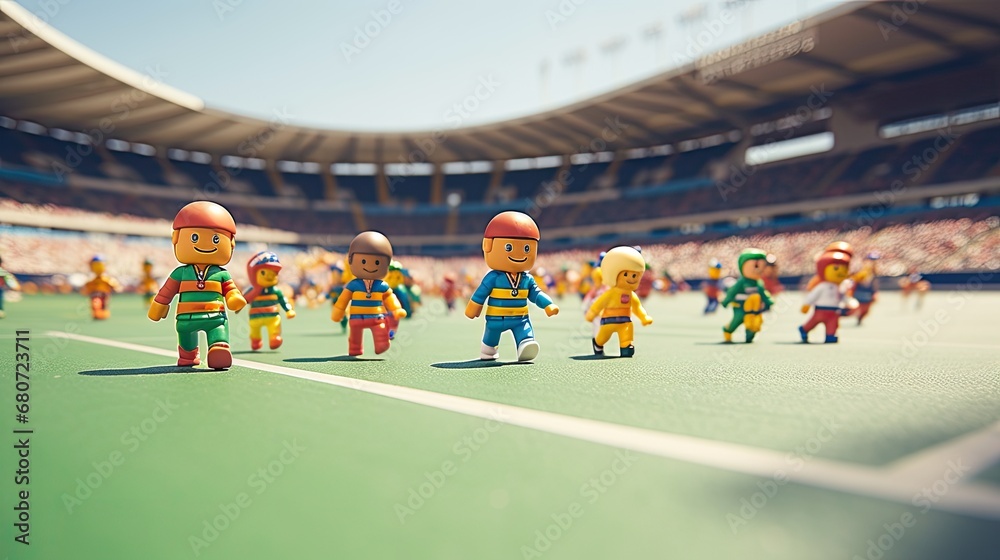 Miniature figures of athletes in sports uniforms running on the track. Group of plastic toys of marathon runners in motion. Human activity. Design for sport. Illustration for cover, card, decor or ad. - obrazy, fototapety, plakaty 