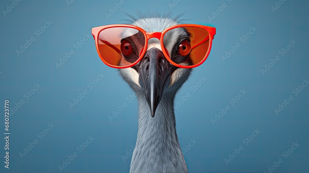 Fototapeta premium Crane with glasses. A close-up portrait of a crane. An anthopomorphic creature. A fictional character for advertising and marketing. Humorous character for graphic design.
