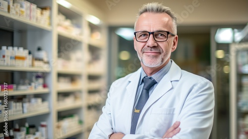 Close-up portrait of a smiling male pharmacist against a background of pharmacy shelves with medicines. A confident professional. Can be used for advertising  marketing or presentation.