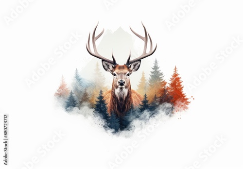 A large deer in a spruce forest. Wild animal in natural habitat. Nature background. Digital art in watercolor style. Illustration for cover, card, postcard, interior design, decor or print.