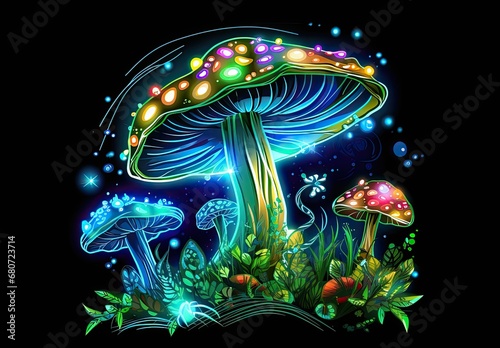 A family of magic mushrooms glowing with neon light on a black background. Surreal lamellar mushroom. Fantasy illustration for banner, poster, cover, brochure or presentation.