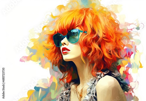 Beautiful young woman in sunglasses. Fashionable image of the model. The female image is drawn. Illustration for poster, cover, brochure, card, postcard, interior design or print.