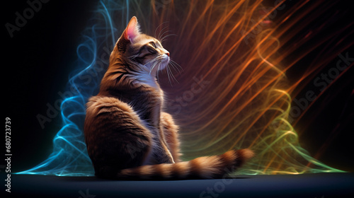 Cat in a meditative pose, abstracted into fractals, luminous quality, calming colors