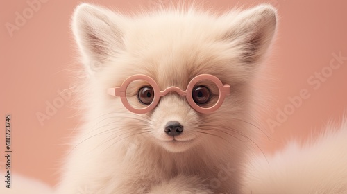 Arctic fox in sunglasses. Close-up portrait of an Arctic fox. An anthopomorphic creature. A fictional character for advertising and marketing. Humorous character for graphic design.
