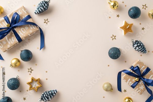 Uncover holiday joy under the tree: top view craft paper gifts, exquisite baubles, pine cone ornaments, starry candles, confetti on a pastel beige setting with ample space for text or promotions