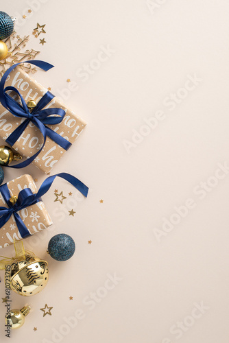 Explore beneath the holiday tree for surprises. Overhead vertical shot of rustic gift boxes, festive ornaments, jingling bell, and sparkling star confetti on a soft pastel backdrop photo
