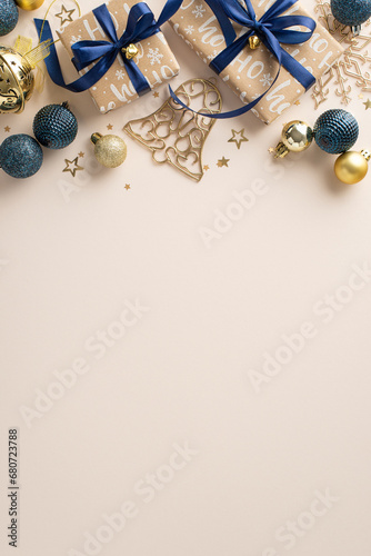 Unwrap the magic of New Year's delights. Vertical top view showcasing stylish gift parcels, lavish trinkets, starry confetti, tinkling bell on a muted beige surface, perfect for personalized greetings
