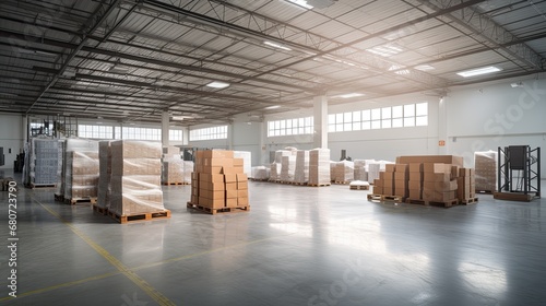A large warehouse with numerous items. Rows of shelves with boxes. Logistics. Inventory control, order fulfillment or space optimization. Illustration for advertising, marketing or presentation.