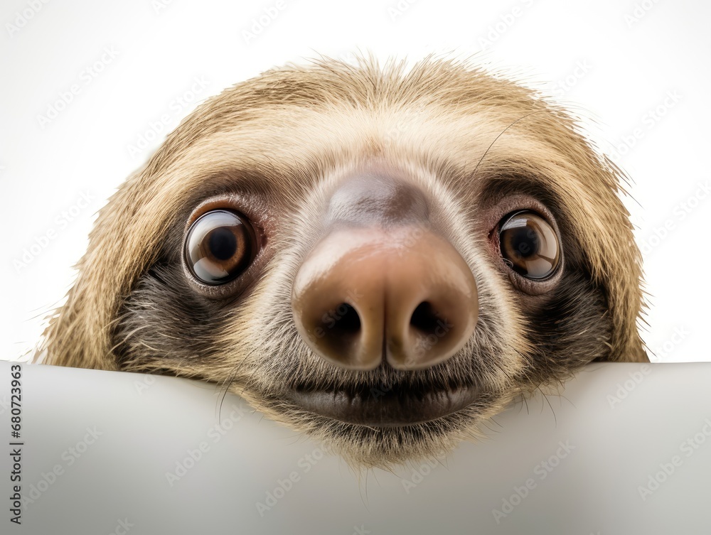 Fototapeta premium Close up portrait of a sloth. Detailed image of the muzzle. A wild animal in its natural habitat is looking at something. Curious look. Illustration with distorted fisheye effect for design.