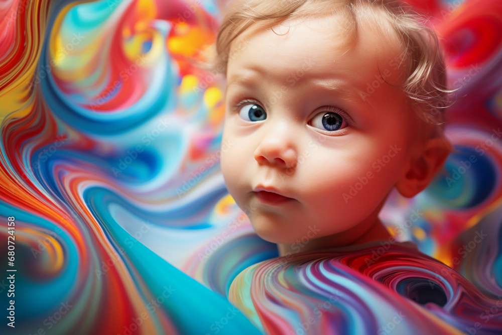 toddler's face, swirling patterns of vivid colors, resembling 1960s poster art, natural ambient light