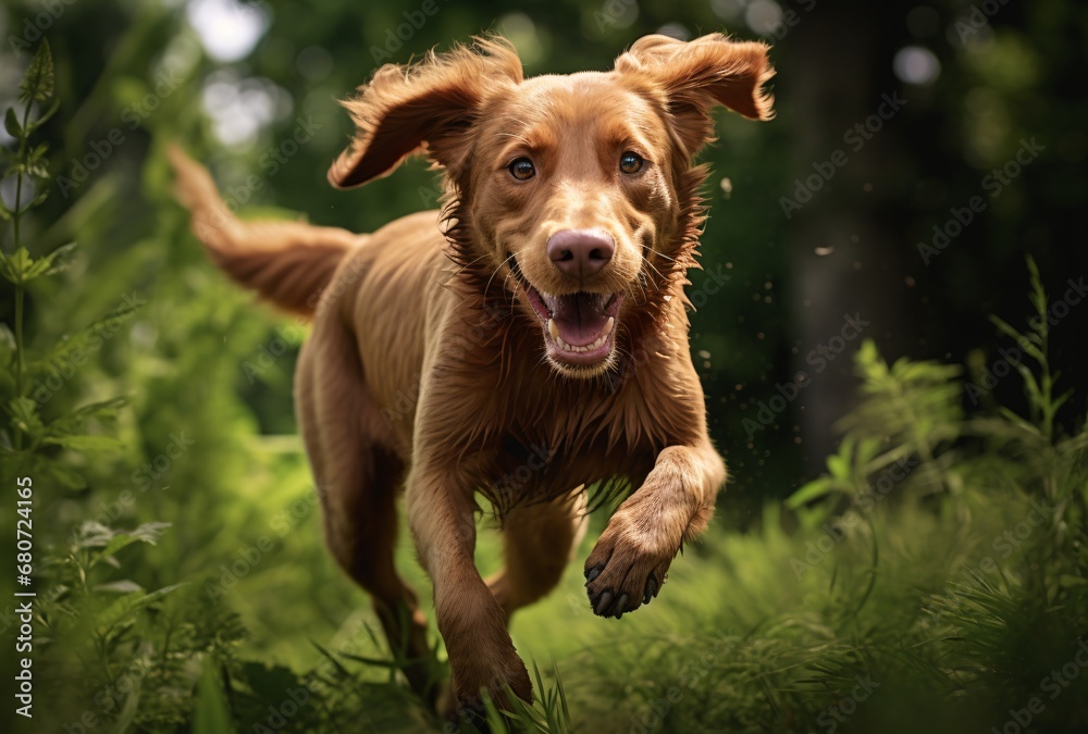 a red dog runs through grass and trees, graceful balance, natural, playful poses