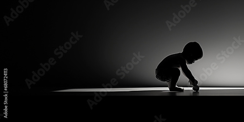 Minimalist black and white, silhouette of baby crawling, high contrast, single light source, moody