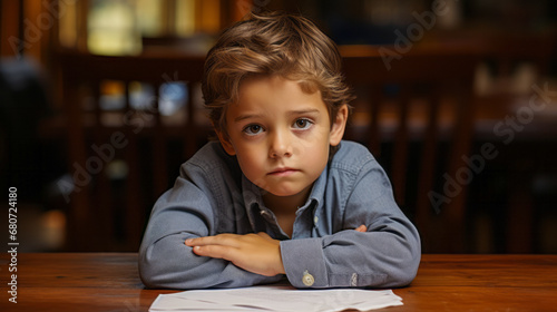 Young boy at wooden desk, frowning and refusing homework.