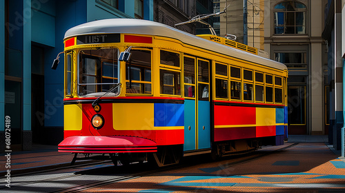 San Francisco trolley, Kandinsky-style, fragmented, primary colors, energetic lines and shapes