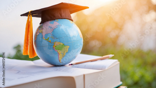 World global and mortarboard cover with incidence sunlight, education concept photo