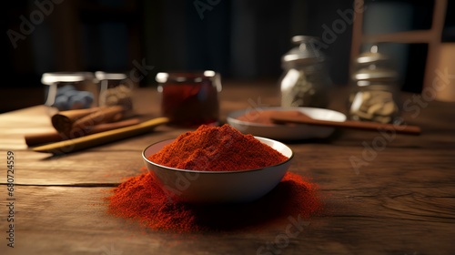 A wooden table with a bowl of red chili powder