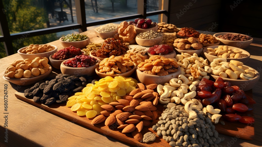 Colorful array of dry fruits and nut