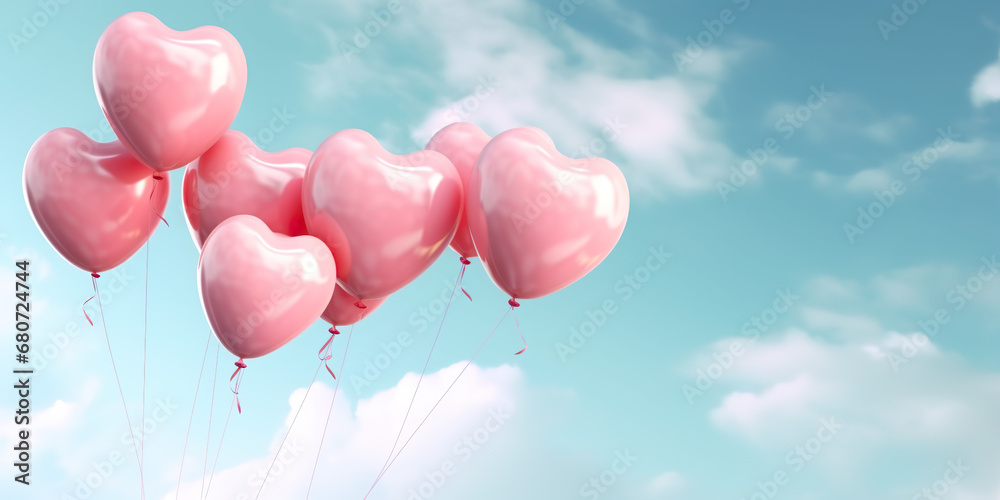 Pink heart-shaped balloons, sky and clouds background, Valentine's Day, love concept