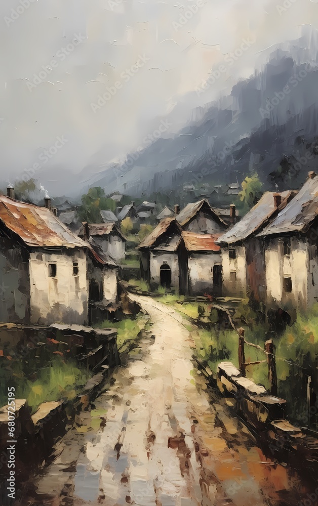 Beautiful Village in cloudy raining oil paint.generative AI