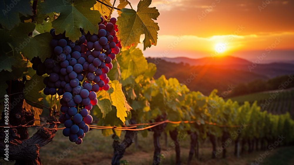 beautiful sunset with grapes in the mountains