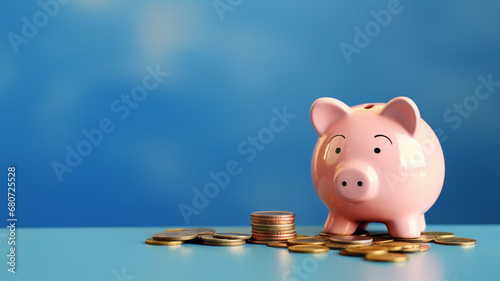 piggy bank and coin on blue background