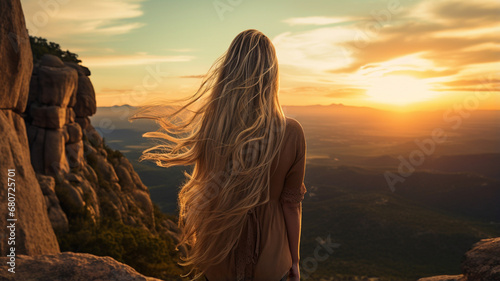 young woman in long red dress in the mountains at sunset