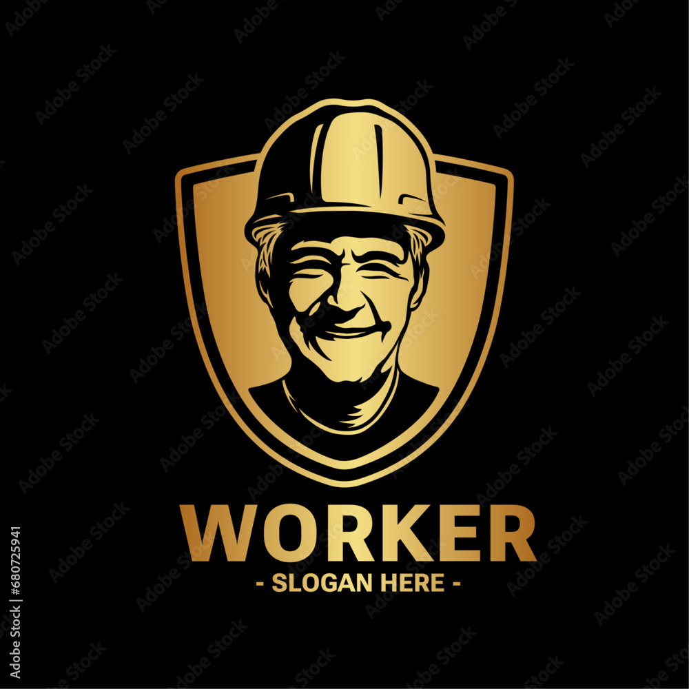 Construction worker with safety hard hat. Logo. Vector and illustration. - obrazy, fototapety, plakaty 