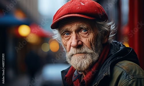 Portrait of an elderly man in a cap on the street.