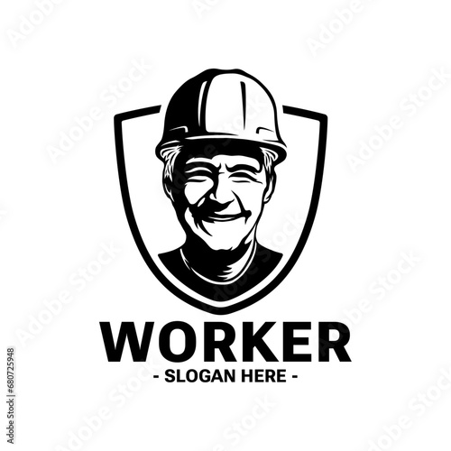 Construction worker with safety hard hat. Logo. Vector and illustration.