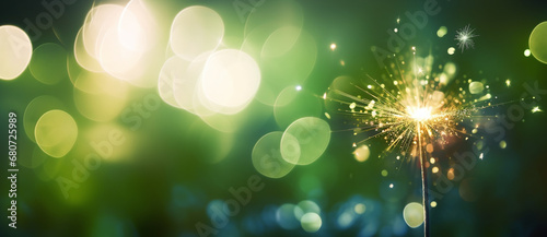 background with sparkler at new year`s eve party with bokeh of glowing green  lights for new fresh future in the next year or St. Patrick's Day invitation photo