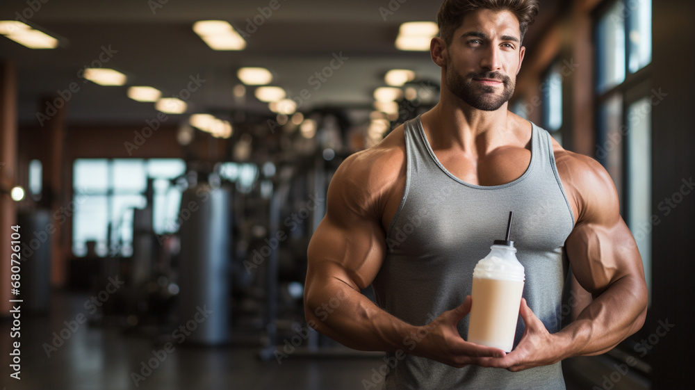 Fototapeta premium portrait of a handsome man in a gym with protein