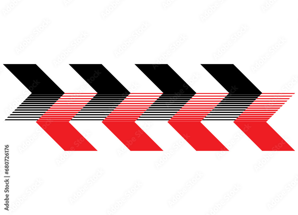 Striped vector arrows in the opposite direction. Red and black. Pointer. Striped pattern. Vector background.