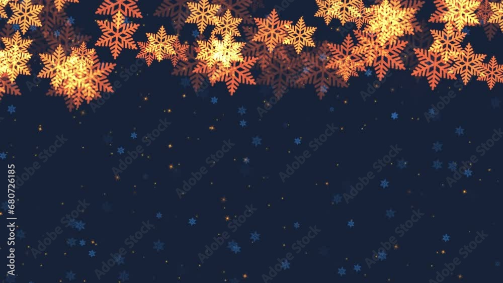 Abstract festive background with animated falling snow golden snowflakes border and shiny sparkles on dark blue backdrop with copy space. Decorative video animation for Christmas or New Year holiday.