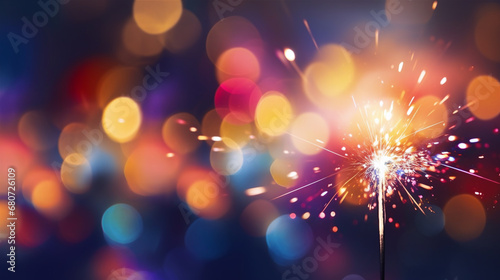 background with sparkler at new year`s eve party with bokeh of glowing colorful lights photo